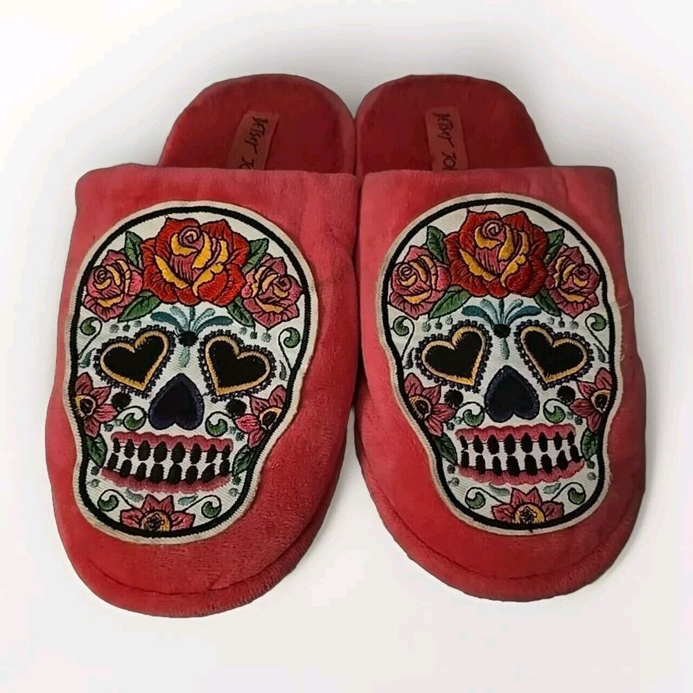 Betsey Johnson Sugar Skull Roses Pink Padded Velvet Slippers Sz 5-6 Ex Small